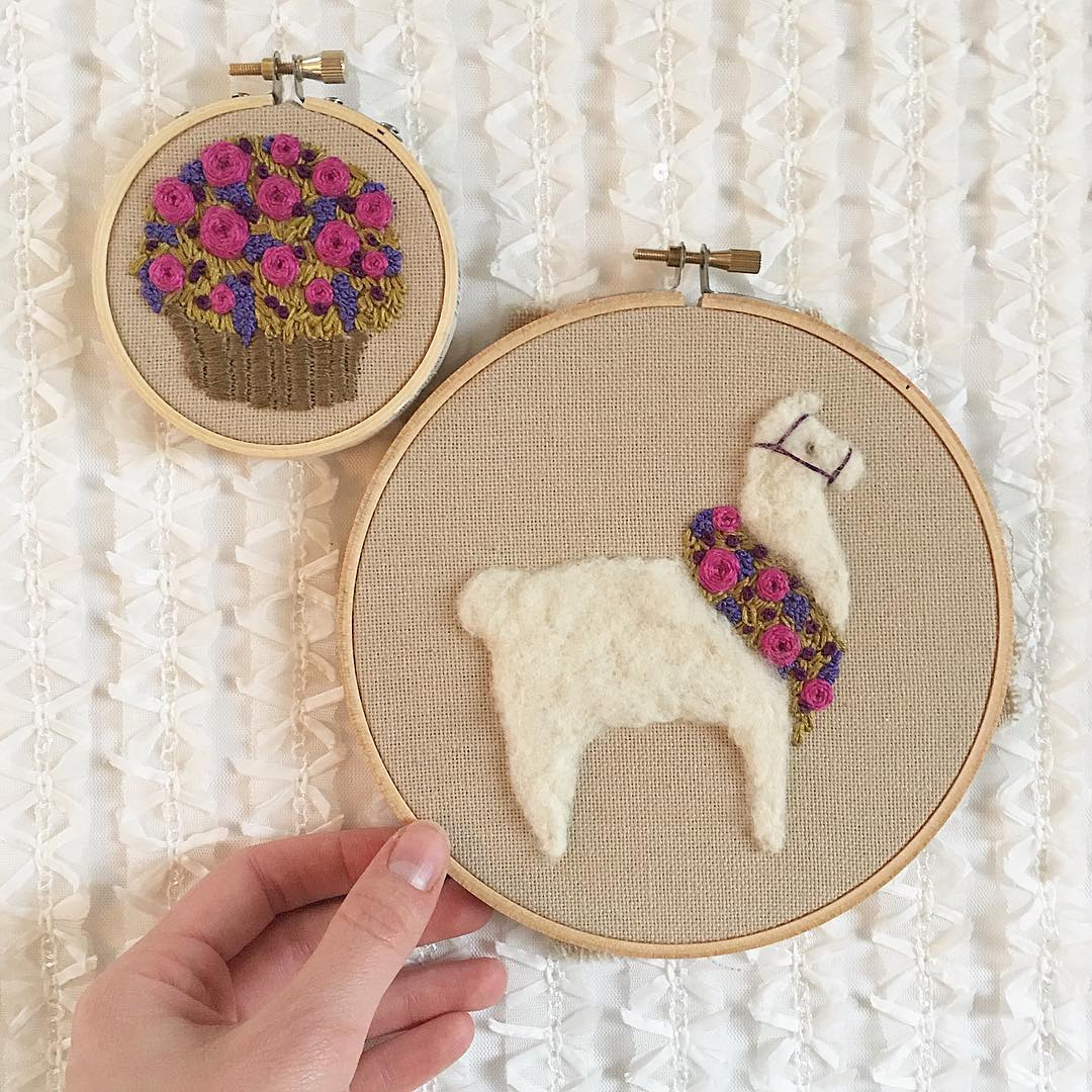 Fuzzy and Flora needle felting hoop art