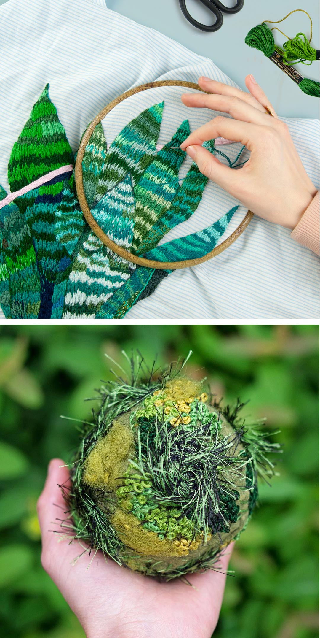 Green embroidery — top: Sasha Marchuk; bottom: Emma Mattson