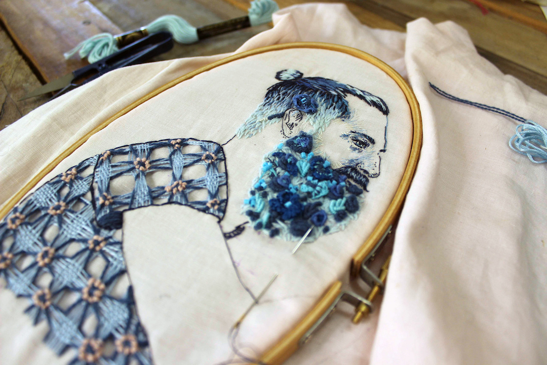 embroidery portraits pen thread artist hair stitches detailed hand texture embroidered were colorful drawn
