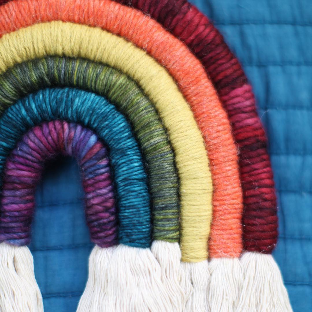 Rainbow weaving fiber art by Mandi Smethells