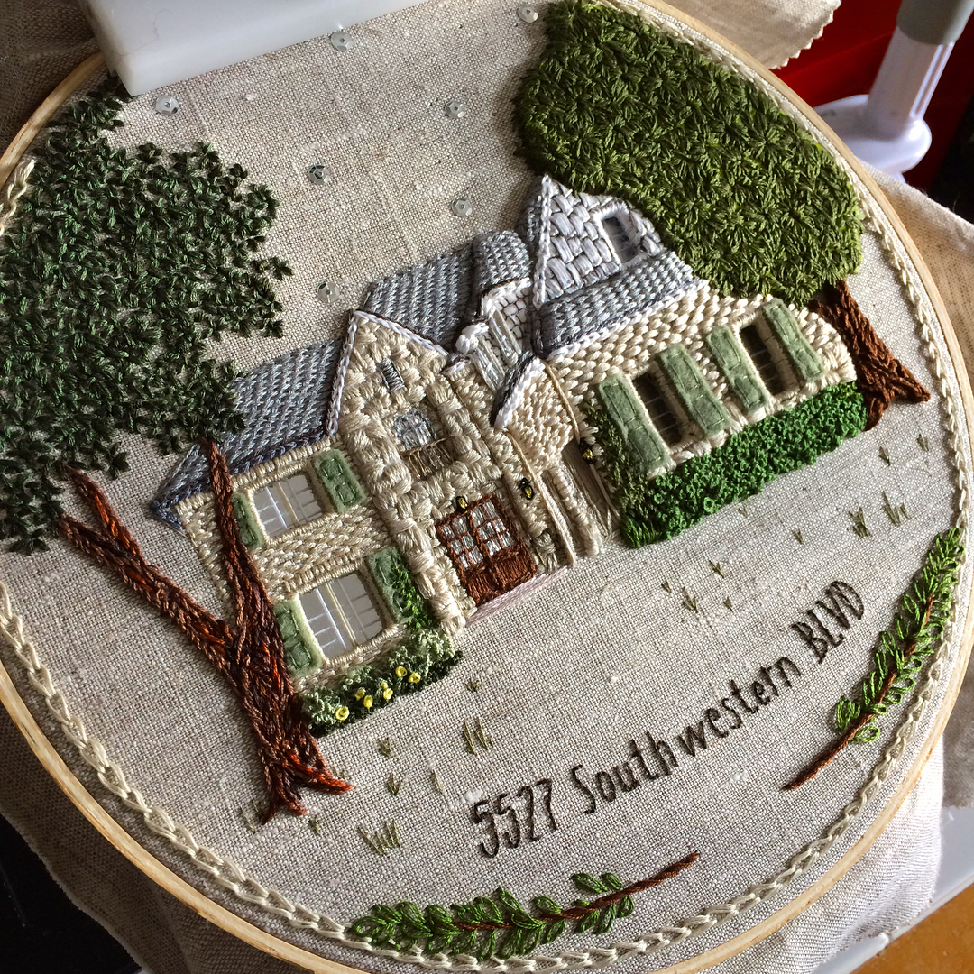 Embroidered houses by The Monster's Lounge