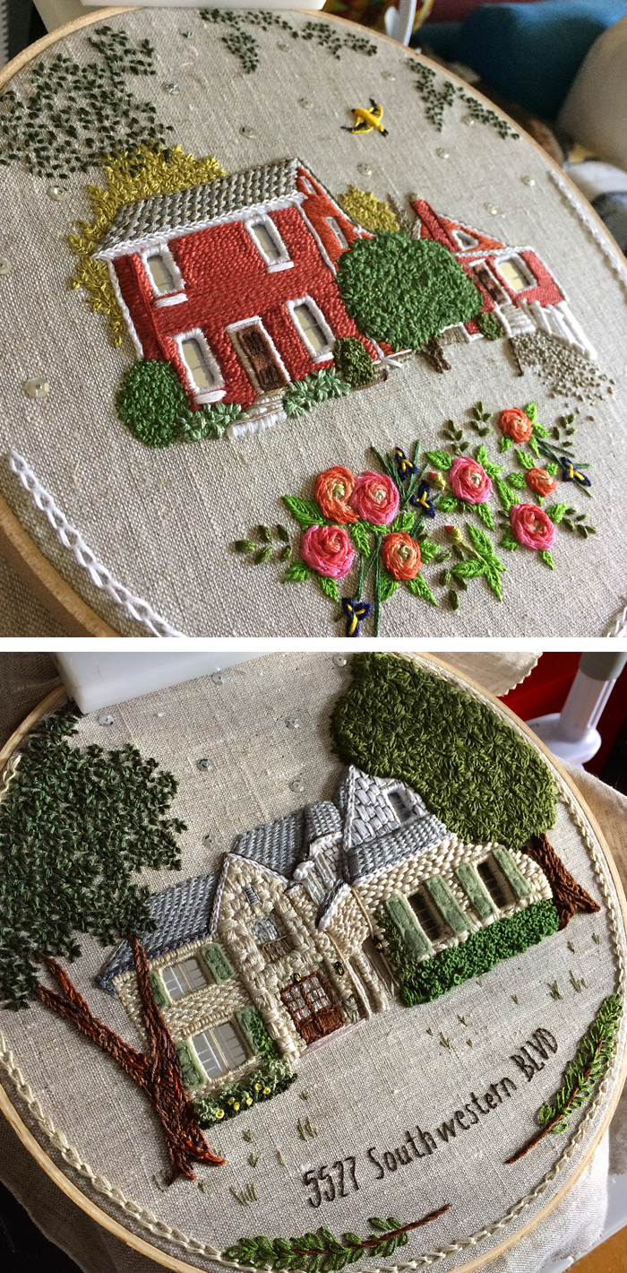 Embroidered houses by The Monster's Lounge