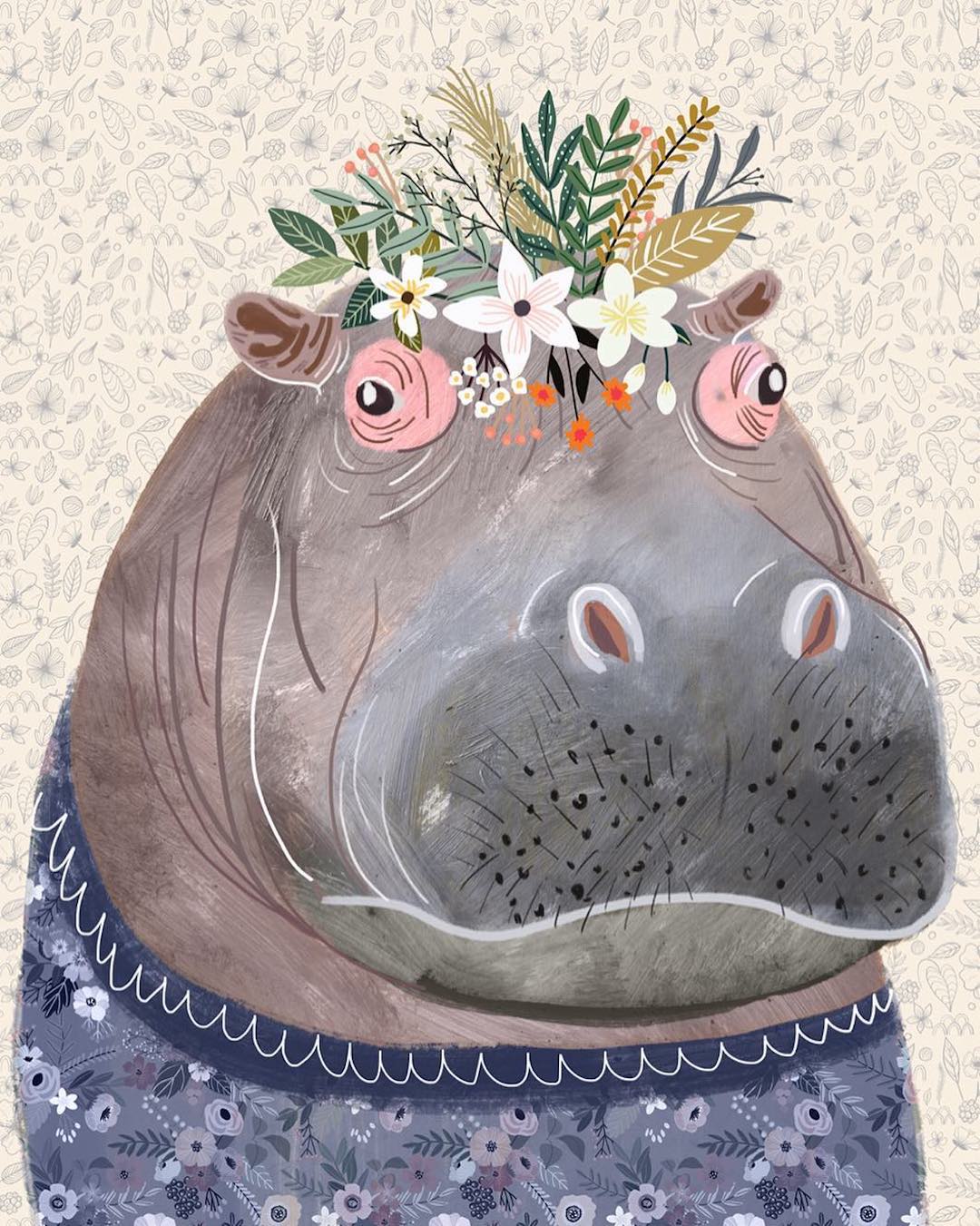 Animal wearing flower crowns illustrated by Mia Charo