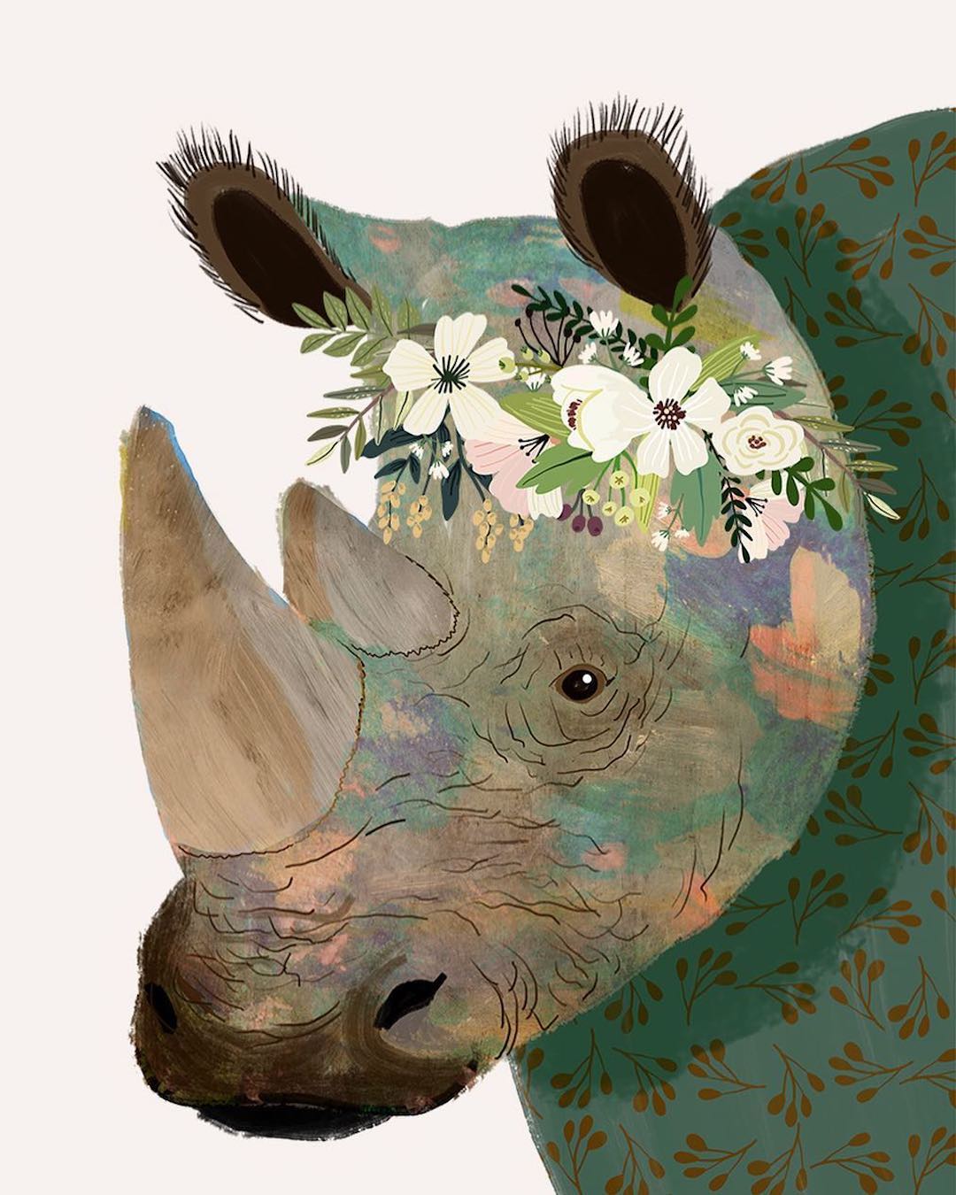 Animal wearing flower crowns illustrated by Mia Charo