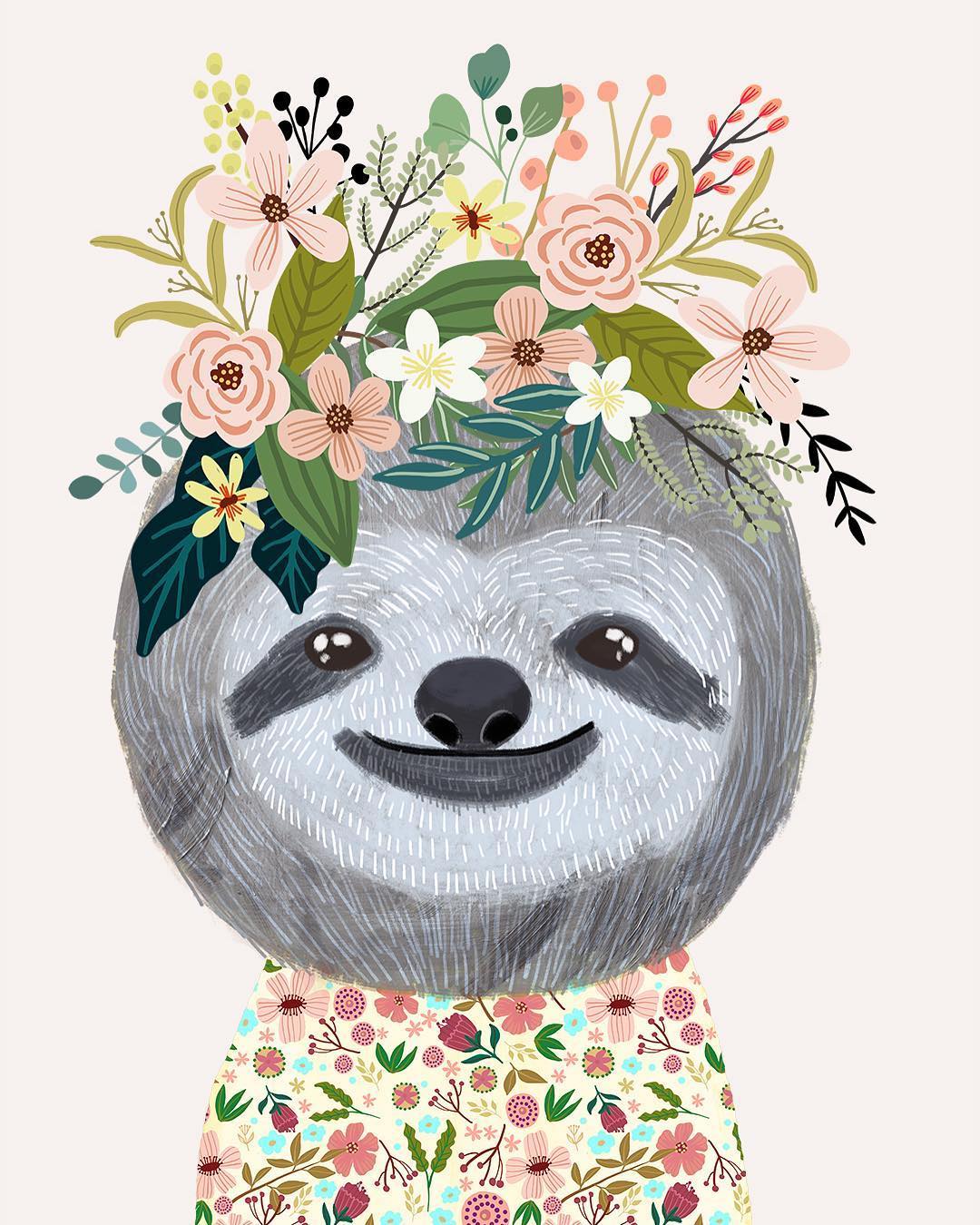 Animal wearing flower crowns illustrated by Mia Charo