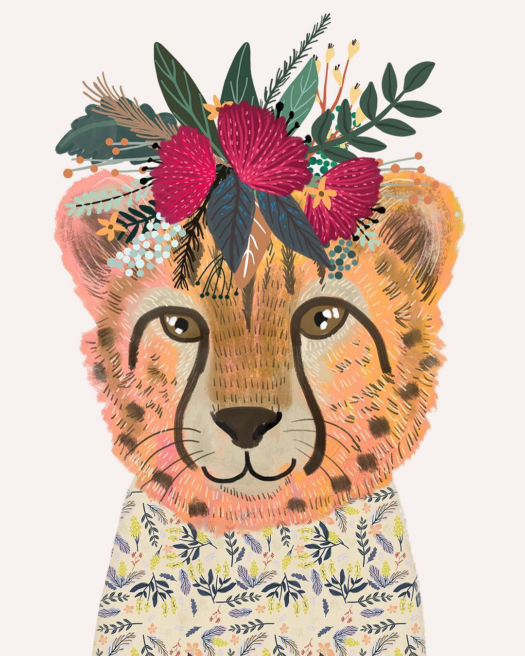 Animal wearing flower crowns illustrated by Mia Charo