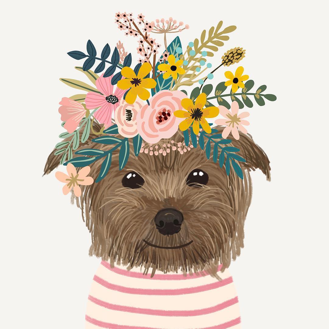 Animal wearing flower crowns illustrated by Mia Charo