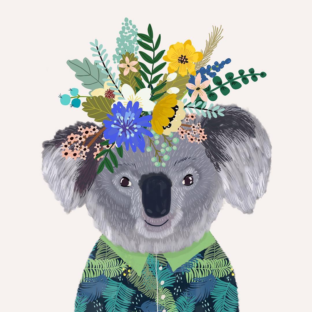 Animal wearing flower crowns illustrated by Mia Charo