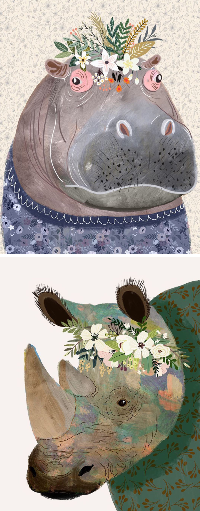 Animal wearing flower crowns illustrated by Mia Charo