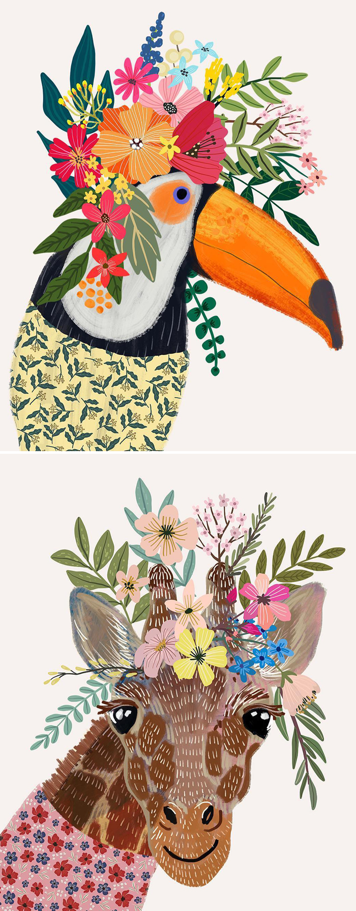 Animal wearing flower crowns illustrated by Mia Charo