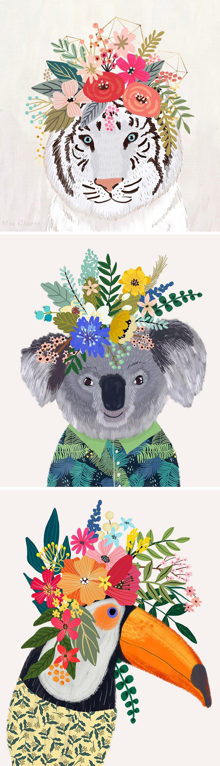 Animal wearing flower crowns illustrated by Mia Charo