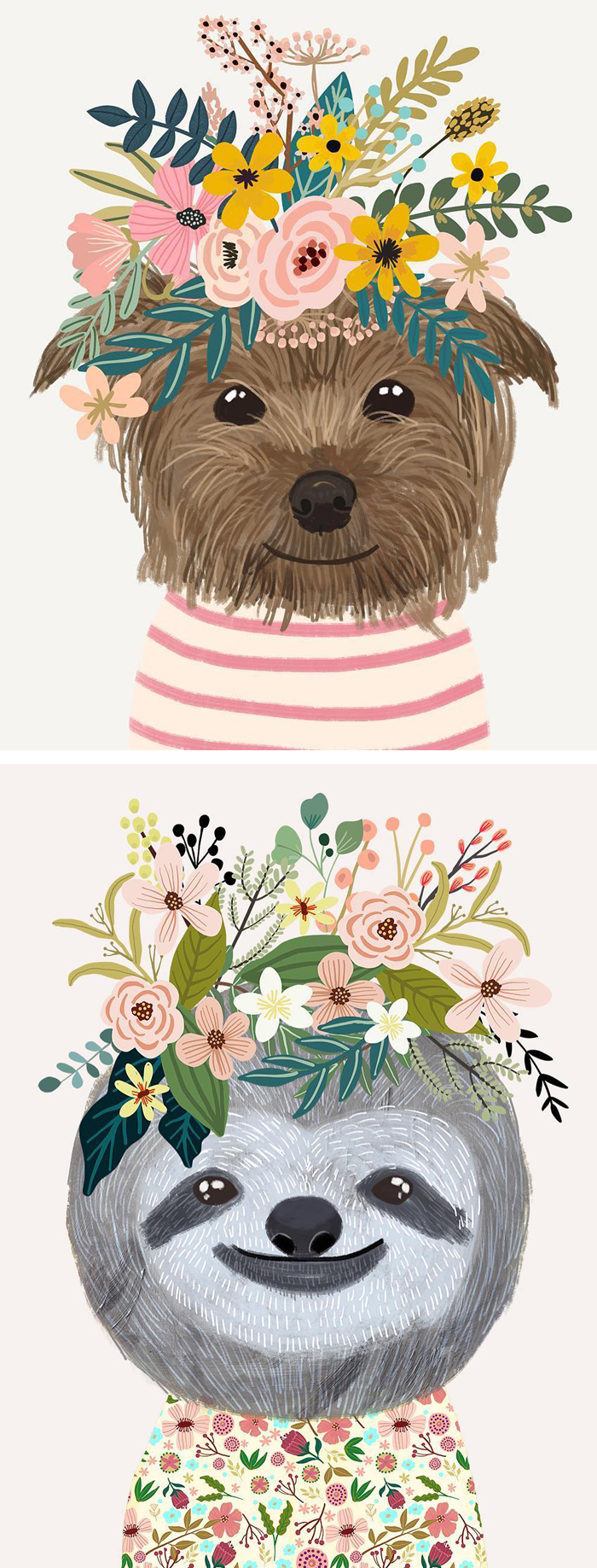 Animal wearing flower crowns illustrated by Mia Charo