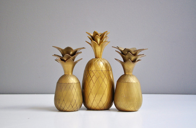 Vintage brass pineapple containers and mirror via The White Pepper Etsy