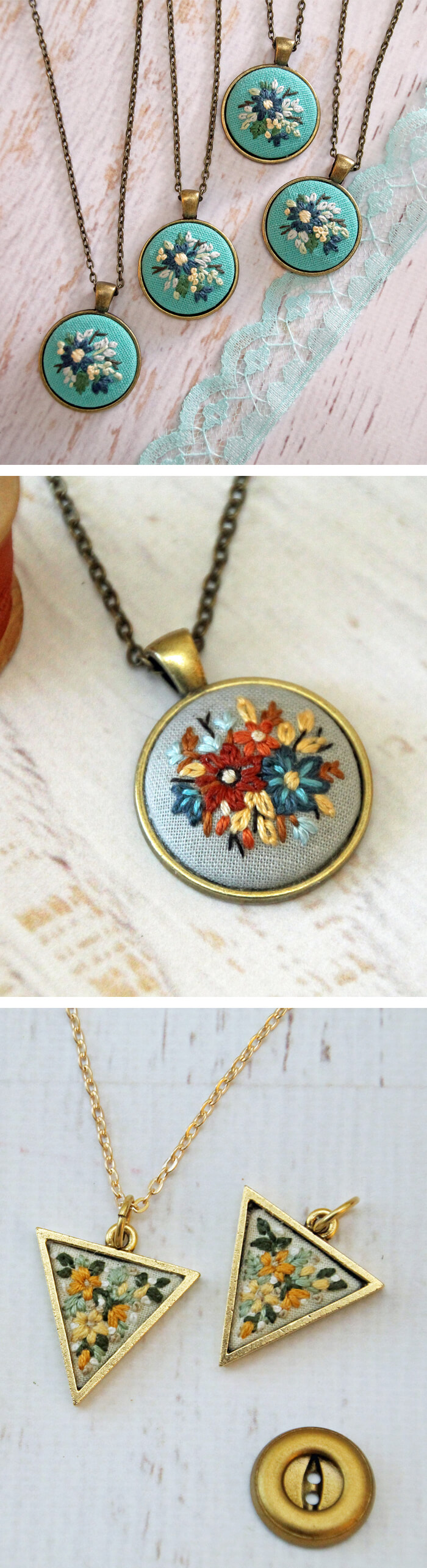 Embroidered necklaces by Itty Bitty Bunnies