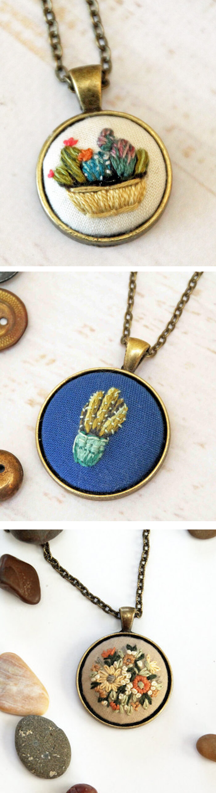 Embroidered necklaces by Itty Bitty Bunnies