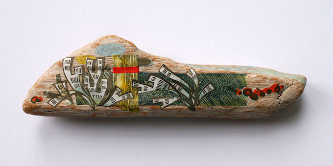 Angie Lewin collage on driftwood