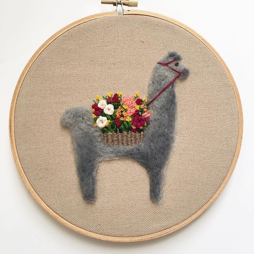 Fuzzy and Flora needle felted llamas hoop art