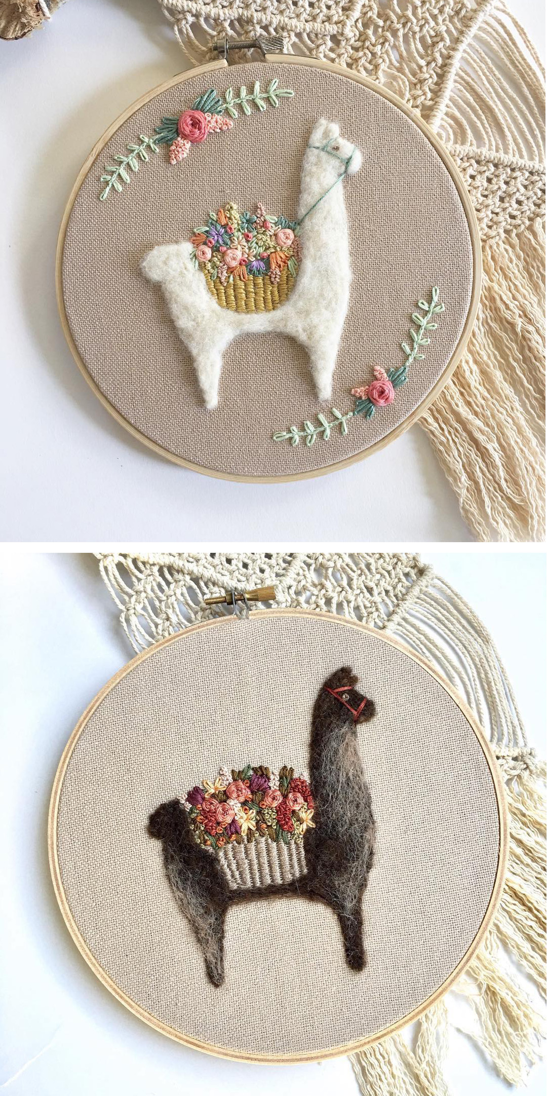 Fuzzy and Flora needle felting hoop art