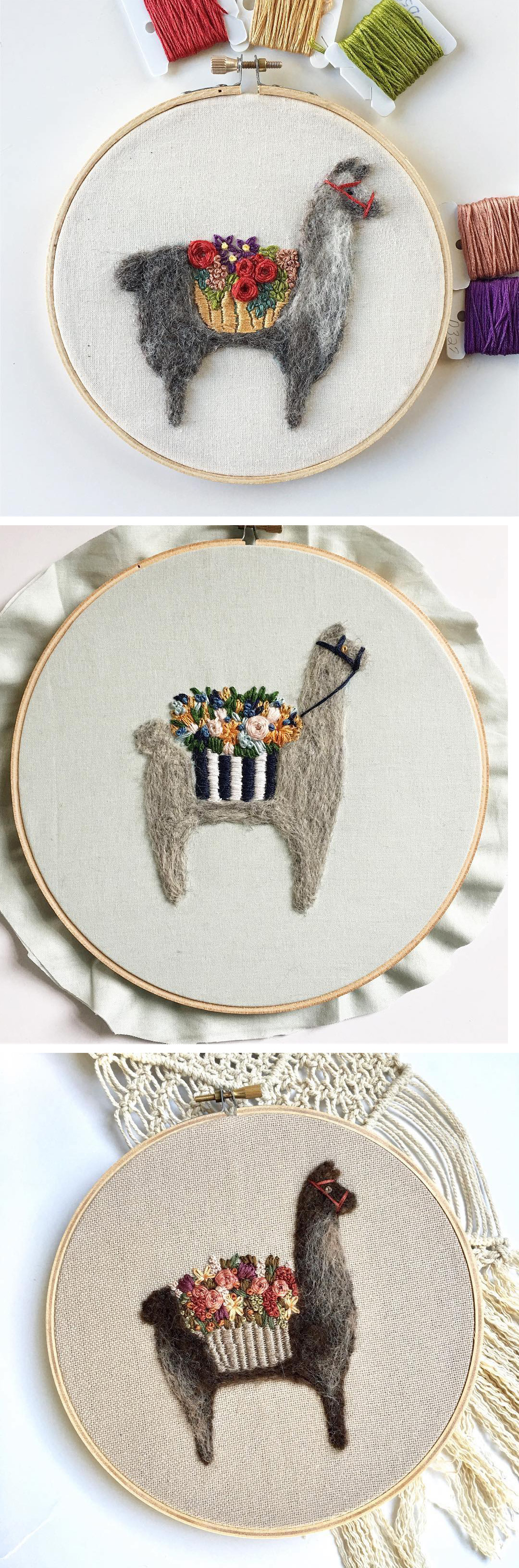 Fuzzy and Flora needle felting hoop art