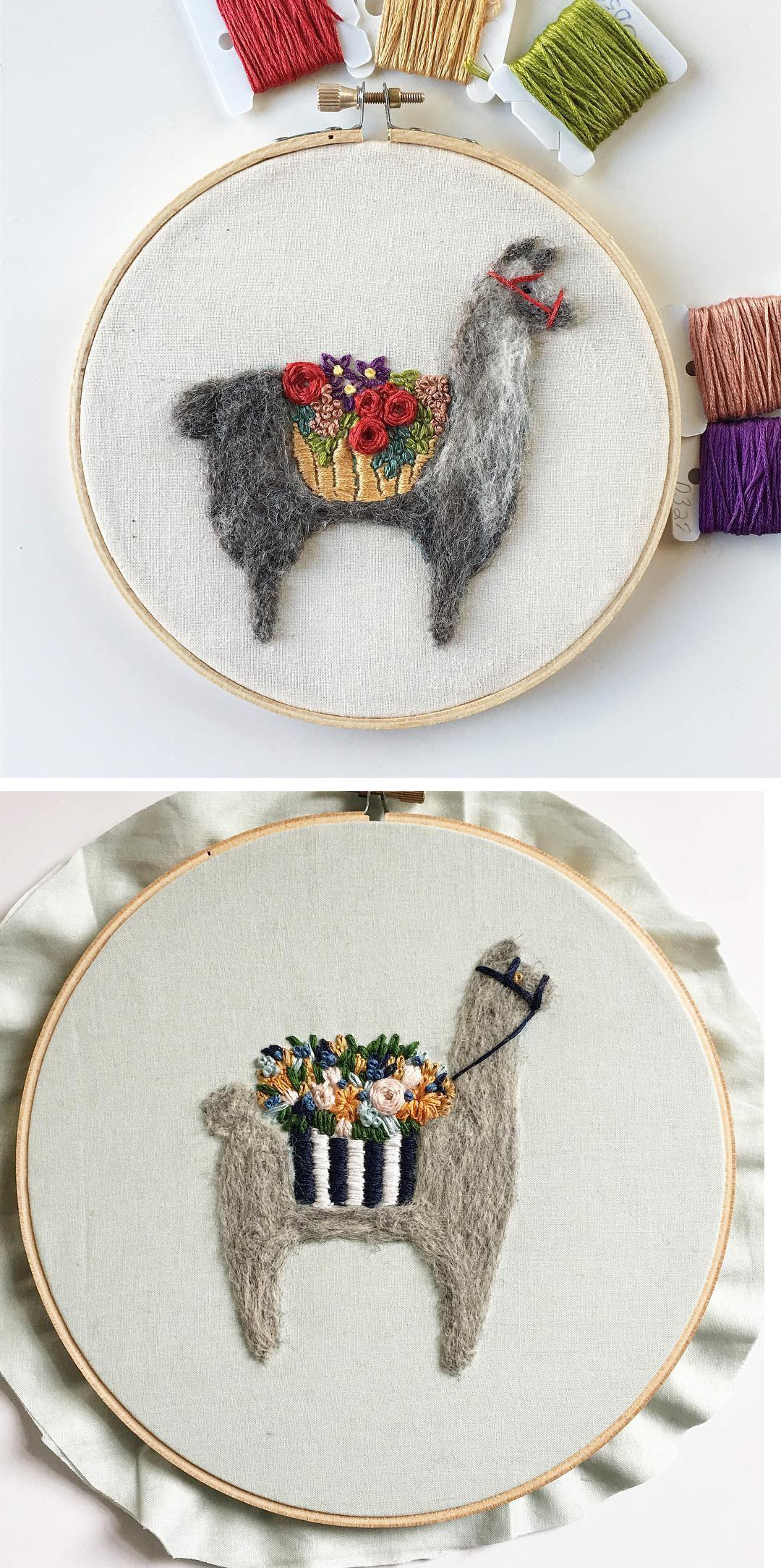 Fuzzy and Flora needle felting hoop art