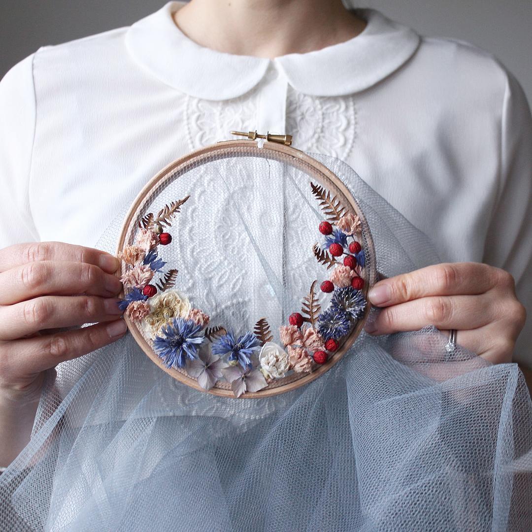 dried flower stitches dry flowers on delicate tulle embroidery hoops