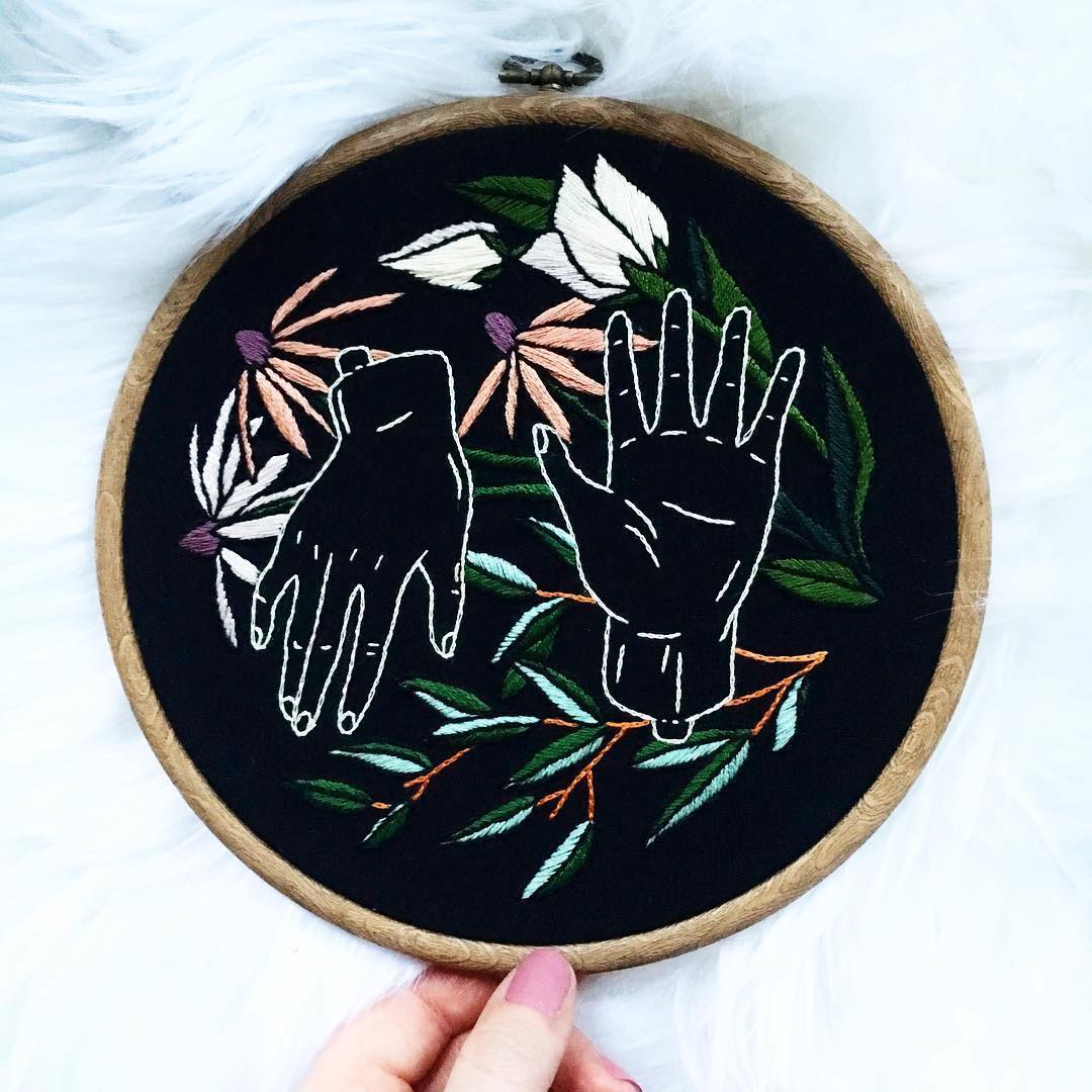 Embroidered hoop art by Tusk and Cardinal