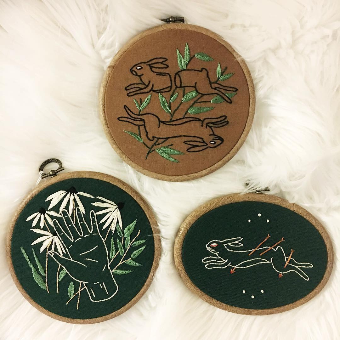 Embroidered hoop art by Tusk and Cardinal