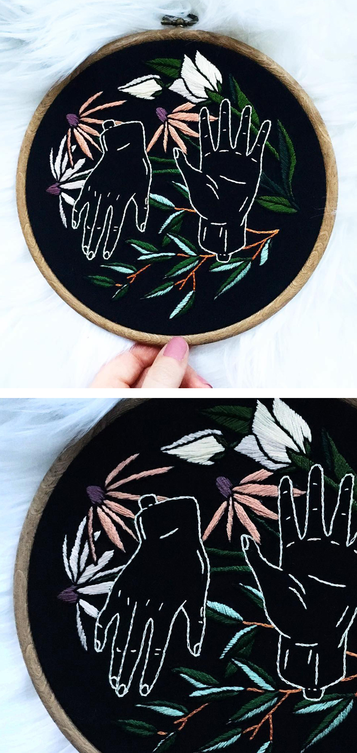 Embroidered hoop art by Tusk and Cardinal
