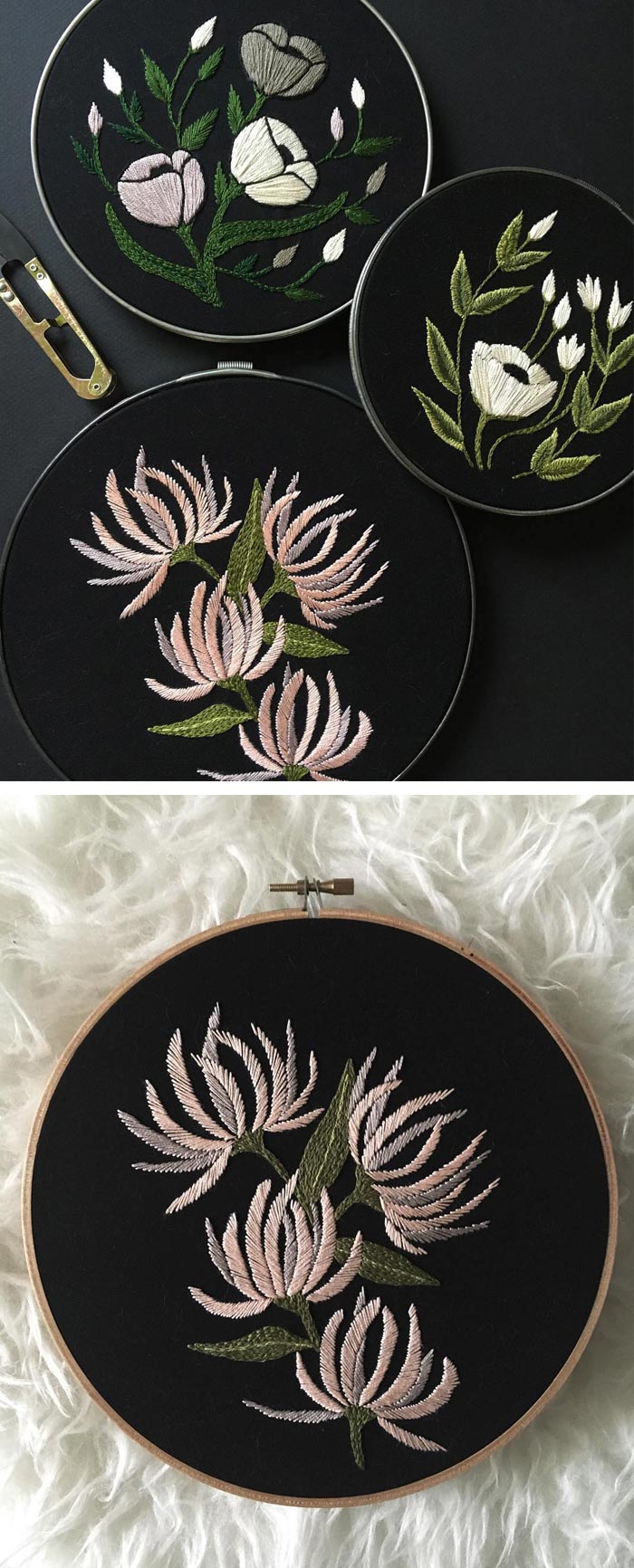 Embroidered hoop art by Tusk and Cardinal