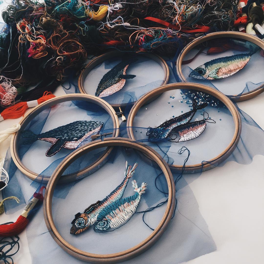Fish Embroidery on Tulle Turns an Embroidery Hoop into a Fishbowl