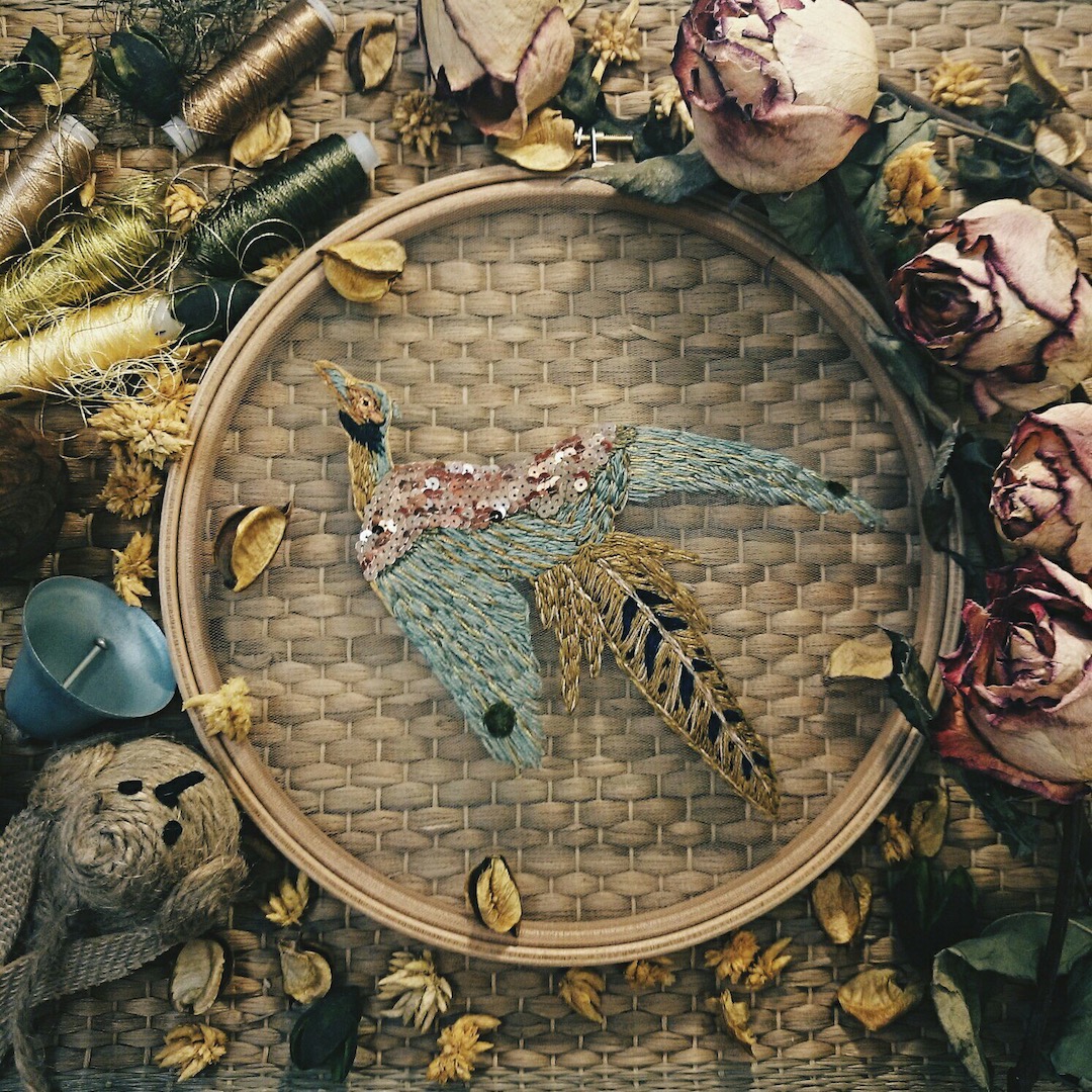 Bird embroidery on tulle