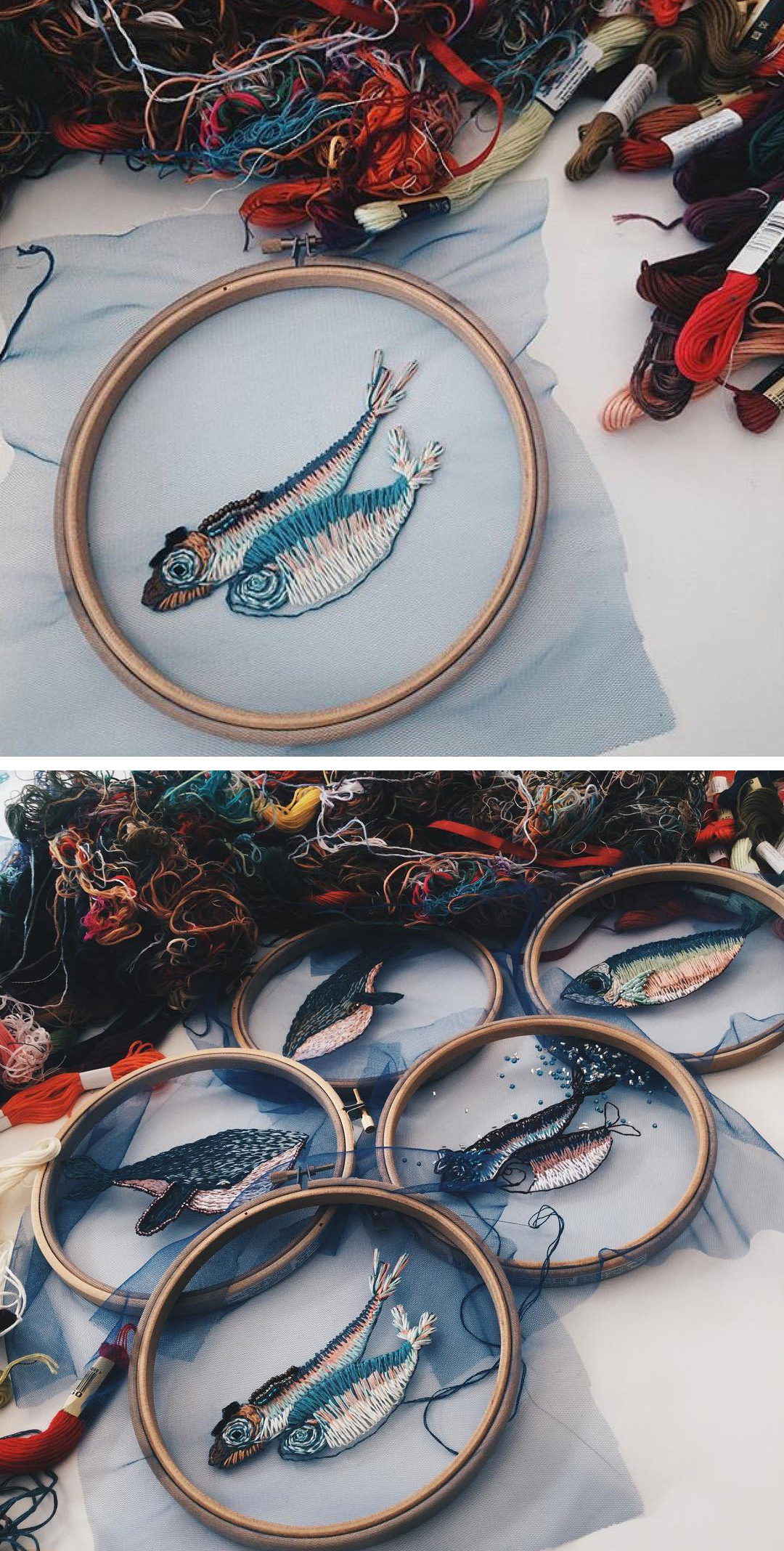Fish embroidery on tulle