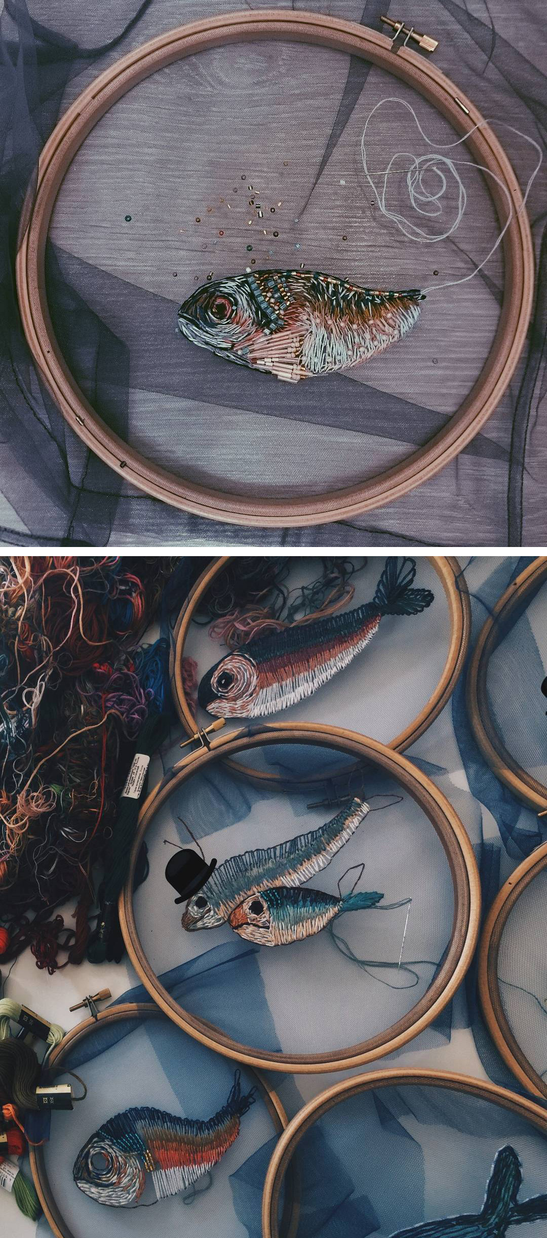 Fish embroidery on tulle