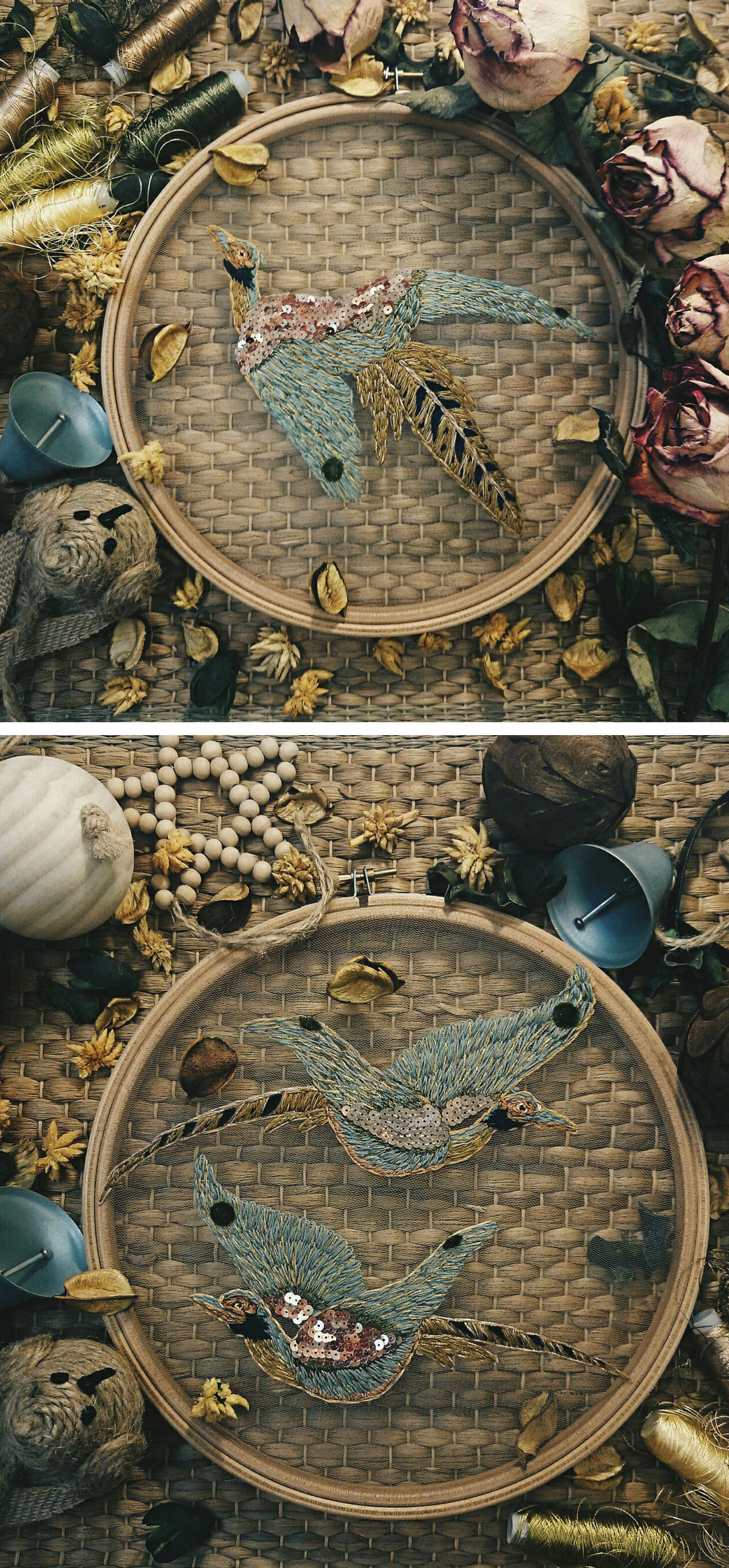 Bird embroidery on tulle 