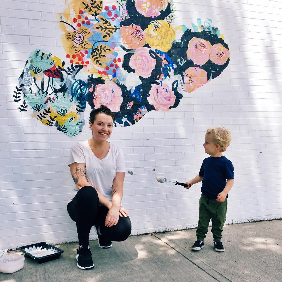 Wheat paste flower mural by Rebecca Volynsky