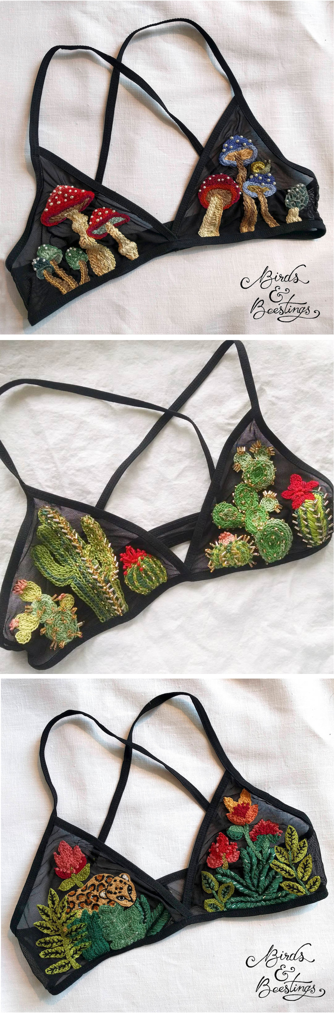 Embroidered bralettes by Birds & Beestings
