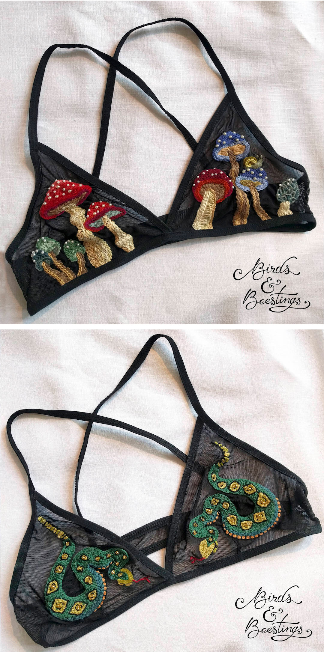 Embroidered bralettes by Birds & Beestings
