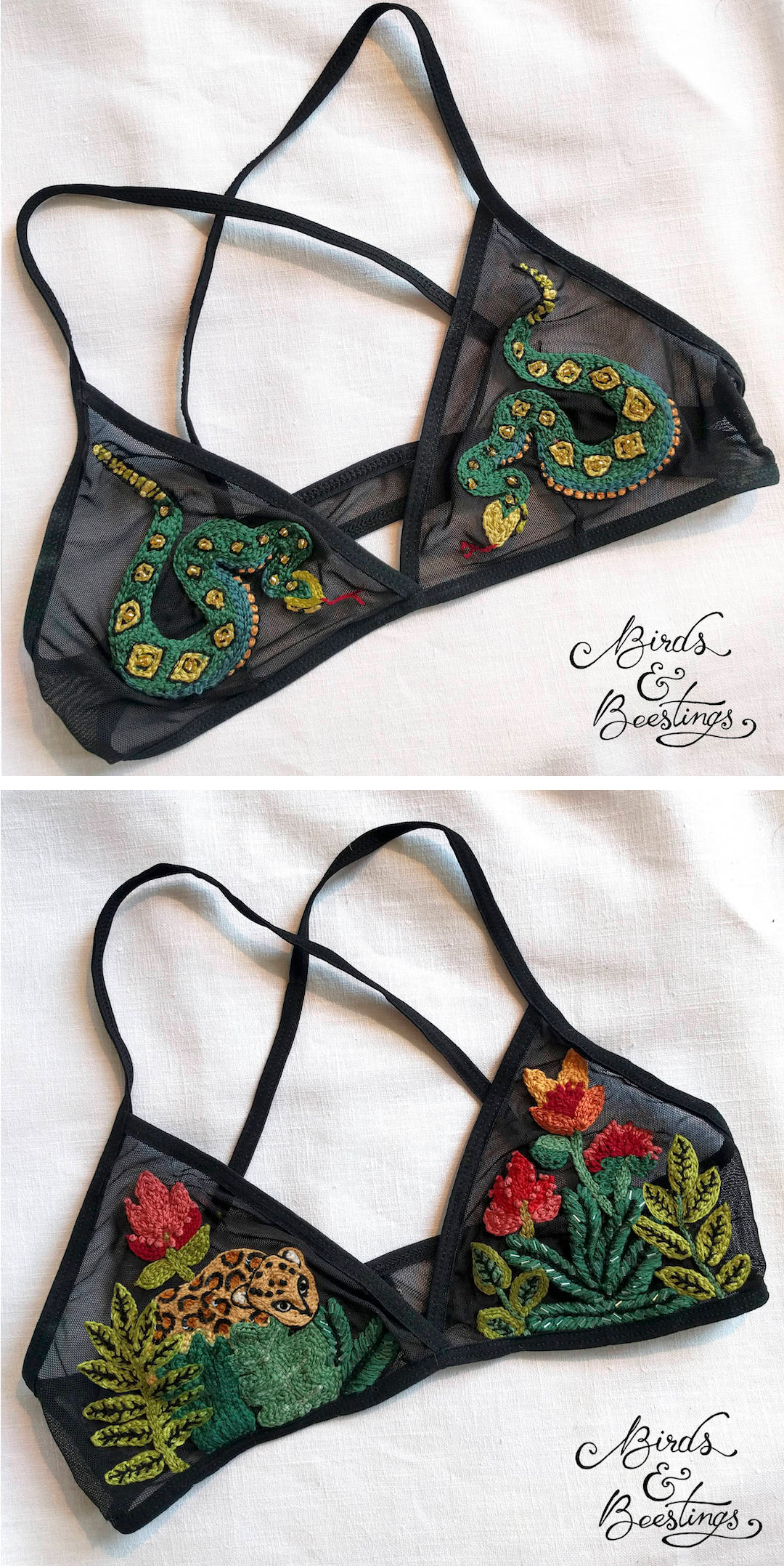 Embroidered bralettes by Birds & Beestings