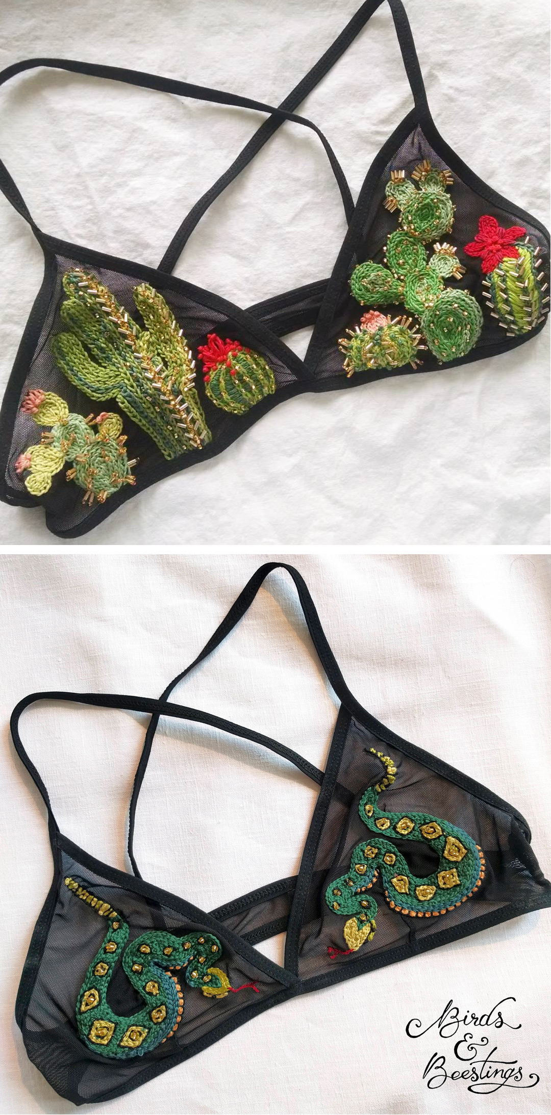 Embroidered bralettes by Birds & Beestings