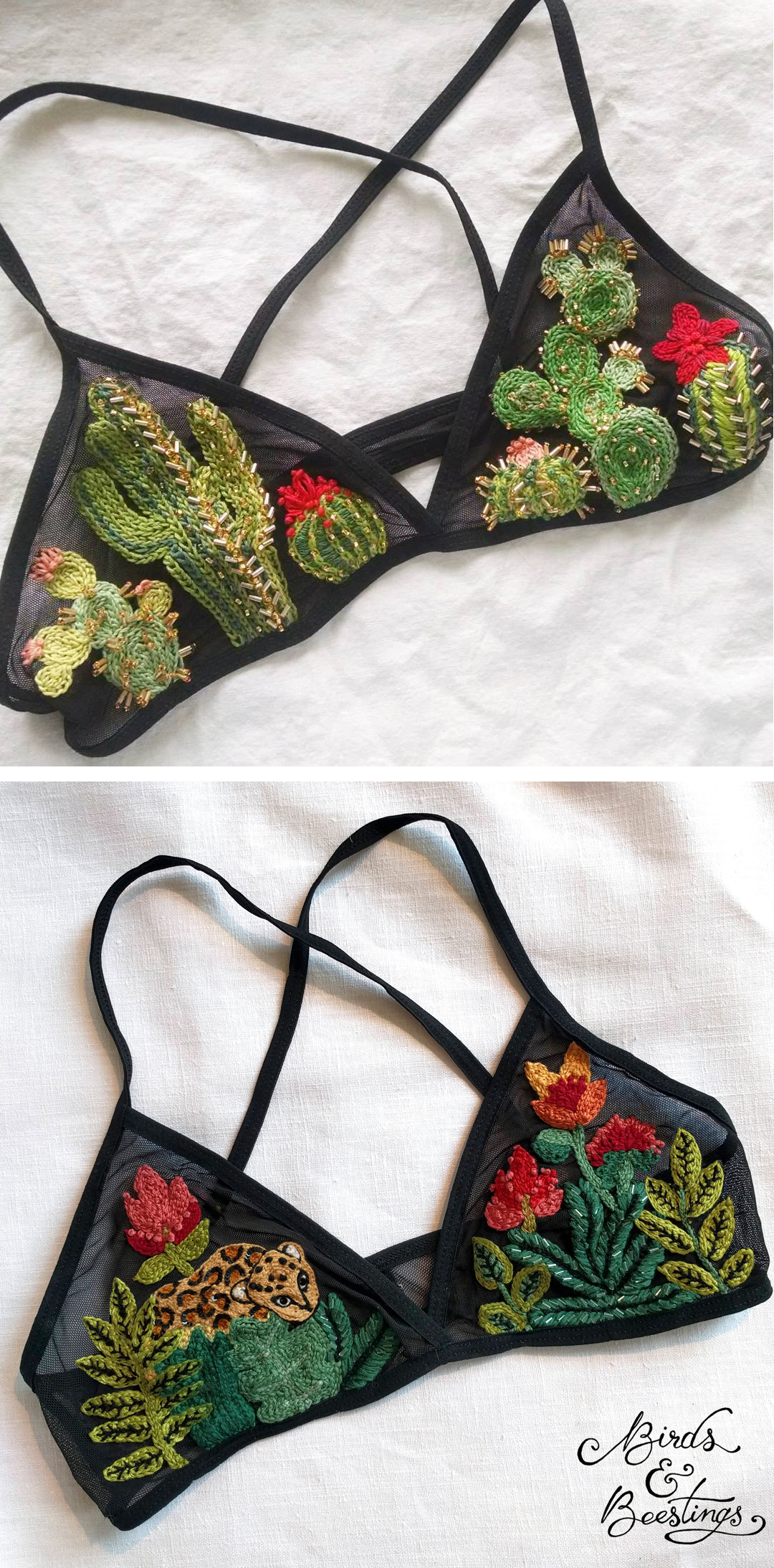 Embroidered bralettes by Birds & Beestings