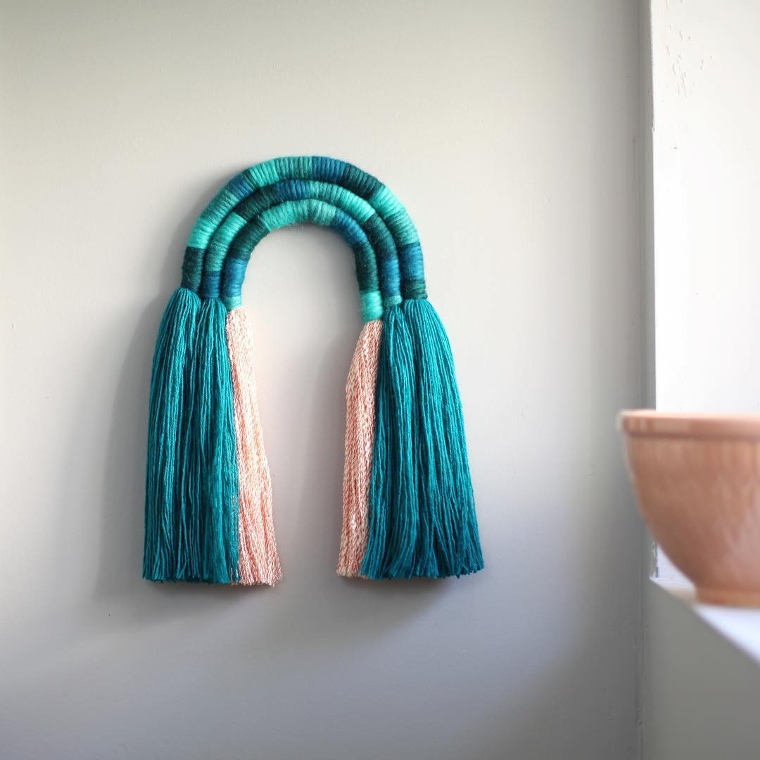 Rainbow weaving fiber art by Mandi Smethells