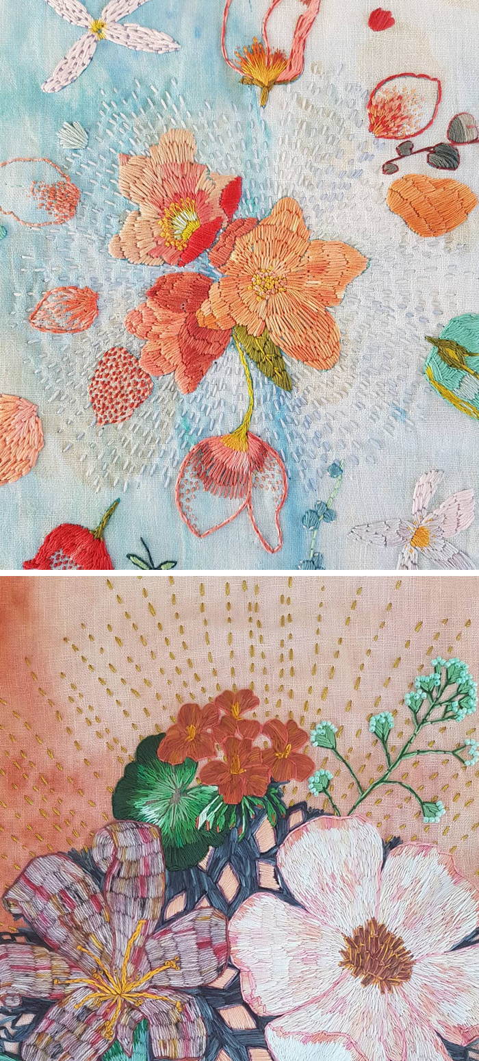 Stitched embroidery paintings by Fleur Woods