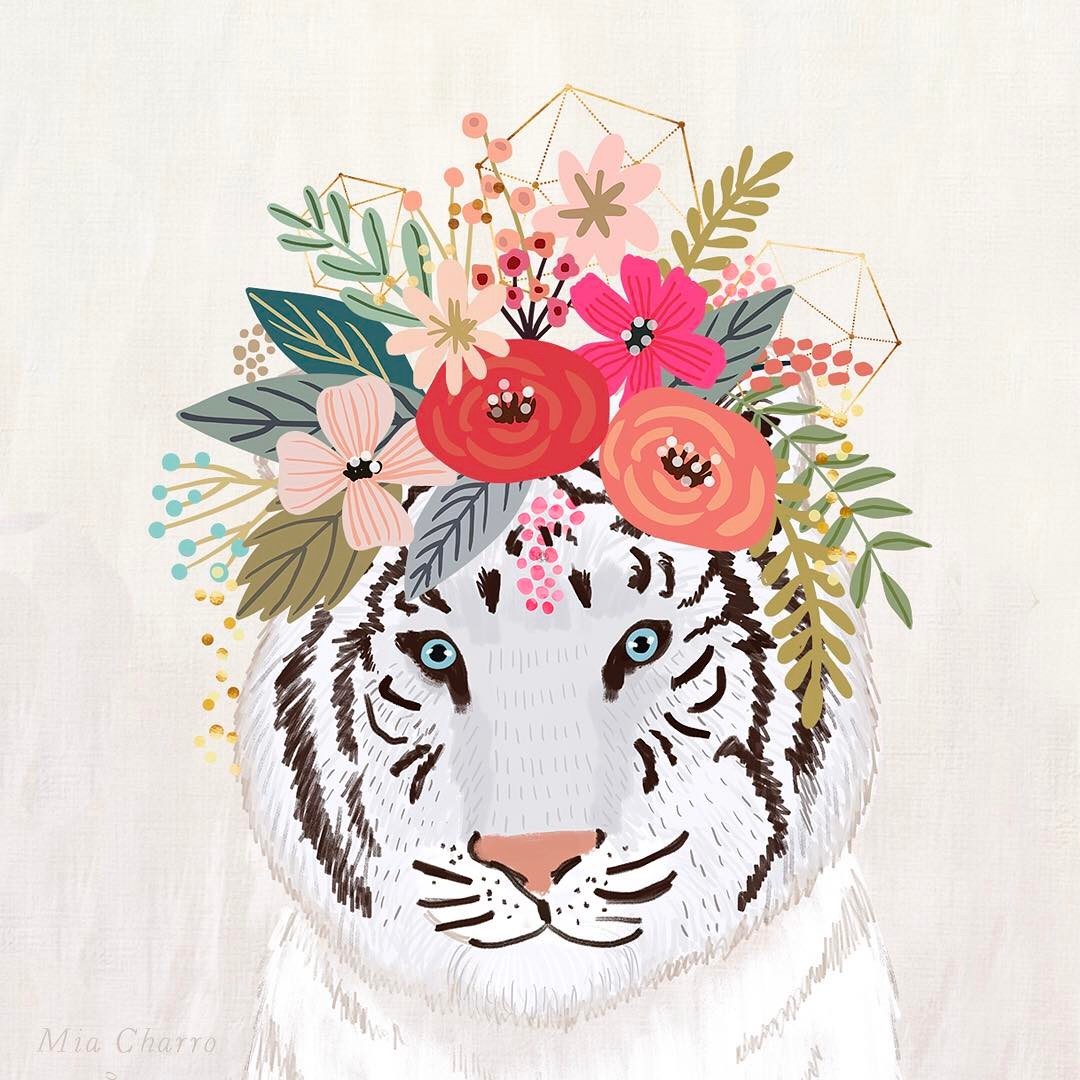 Animal wearing flower crowns illustrated by Mia Charo