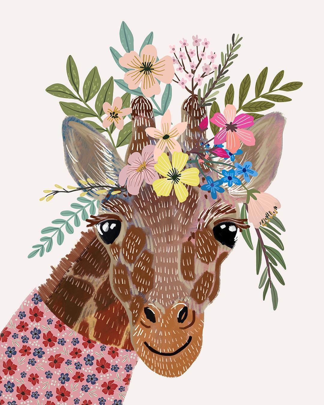 Animal wearing flower crowns illustrated by Mia Charo