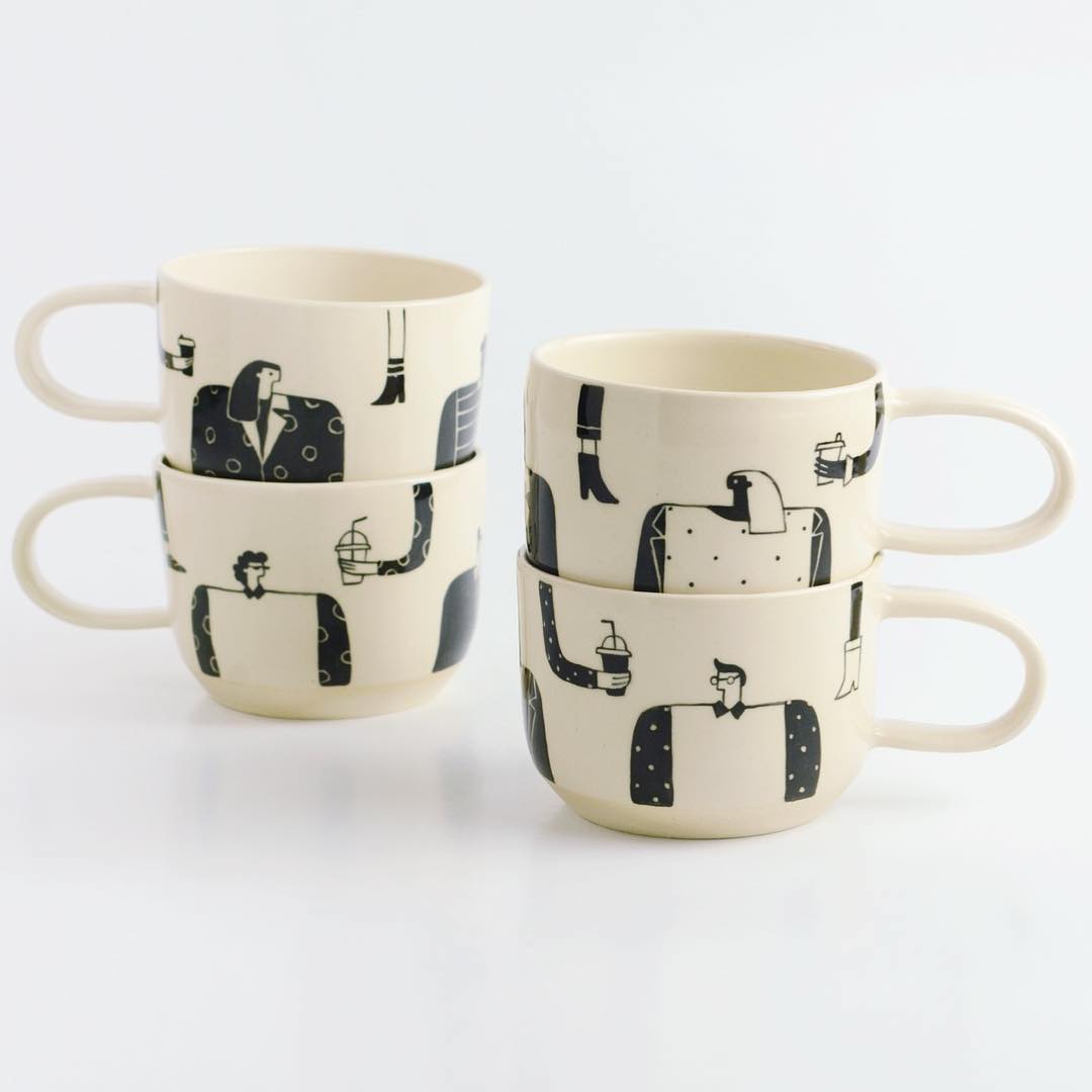 Illustrated coffee mugs by Miri Orenstein