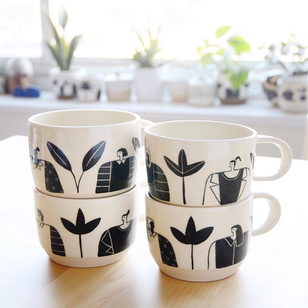 Illustrated coffee mugs by Miri Orenstein