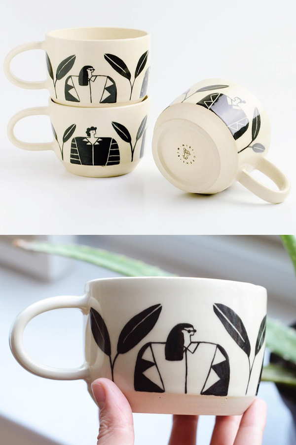 Illustrated coffee mugs by Miri Orenstein