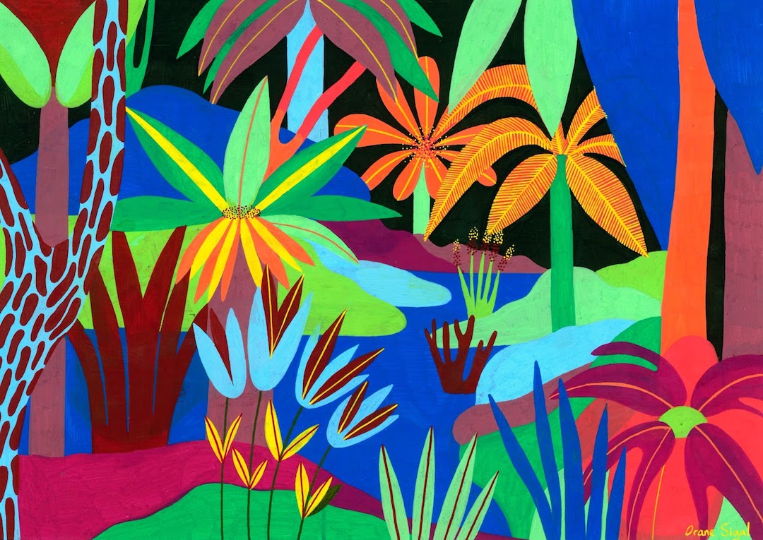 Vibrant color palette jungle illustration by Orane Sigal