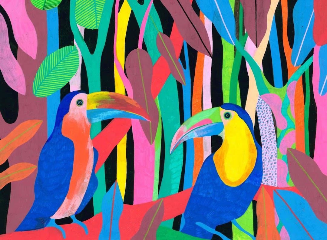 Vibrant color palette jungle illustration by Orane Sigal