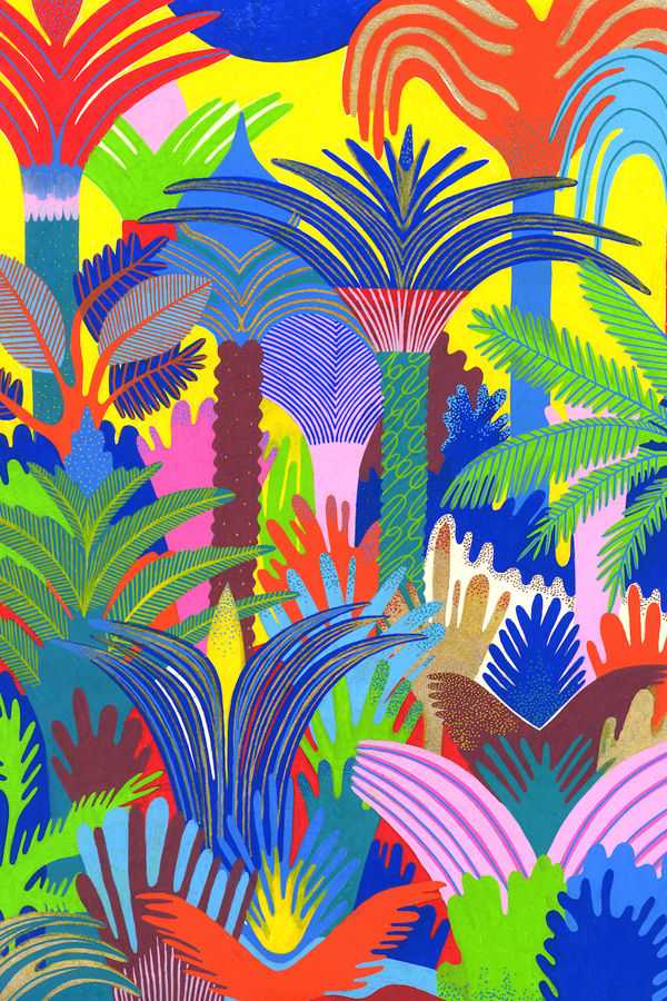 Vibrant color palette jungle illustrations by Orane Sigal
